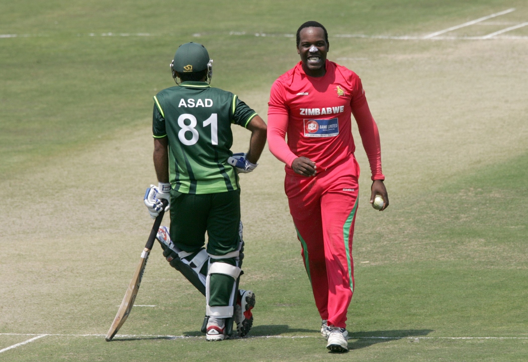 zimbabwean bowler hamilton masakadza grimaces after a near miss on september 14 2011 on the third one day international against pakistan at the harare sports club in harare photo afp file