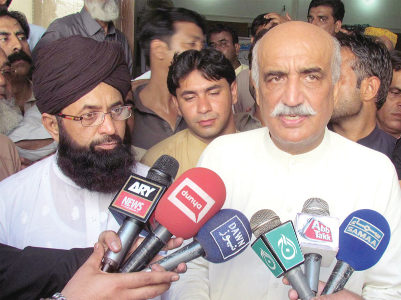 syed khursheed ahmed shah speaking to the media in sukkur on saturday photo online