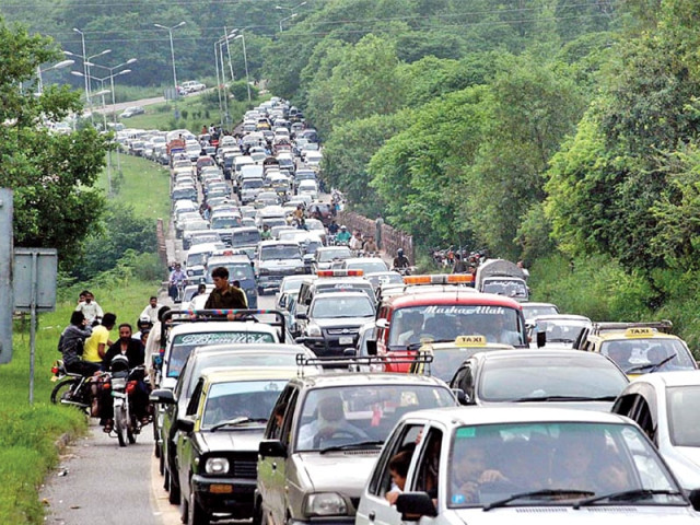 intense traffic was witnessed on murree road on sunday as vehicles took to the streets to reach their respective destinations on the third day of eid holidays photo app