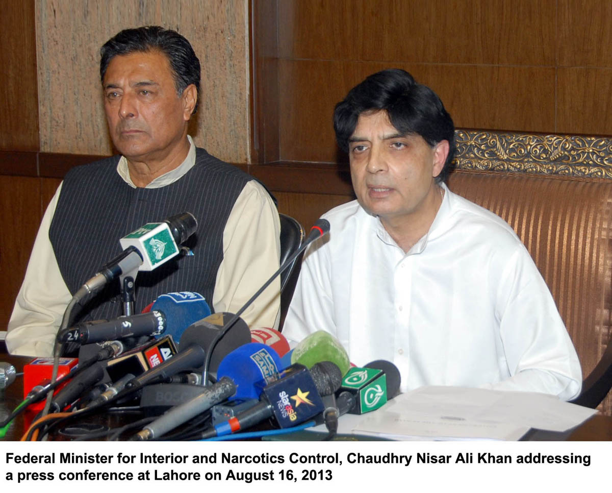 federal minister for interior chaudhry nisar ali khan addressing a press conference in lahore on friday photo pid