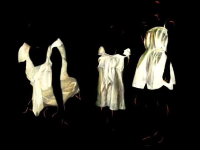 as many as 10 pieces of oil on canvas were exhibited where the artist beautifully painted attire using the white oil paints in the foreground and black oil paints in the background as many as 10 pieces of oil on canvas were exhibited where the artist beautifully painted attire using the white oil paints in the foreground and black oil paints in the background