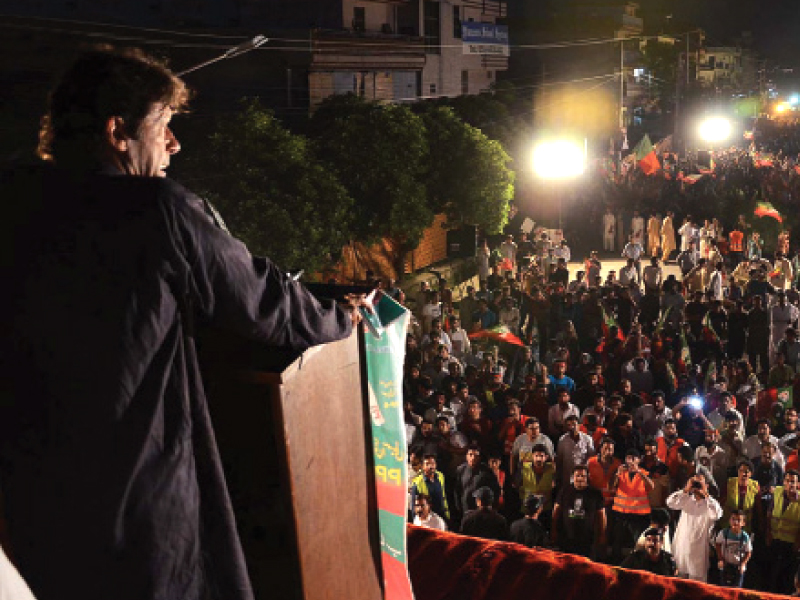 imran khan addressing a rally in a neighbourhood in rawalpindi on tuesday evening in a bid to garner support for pti candidates appearing in by elections on thursday photo online