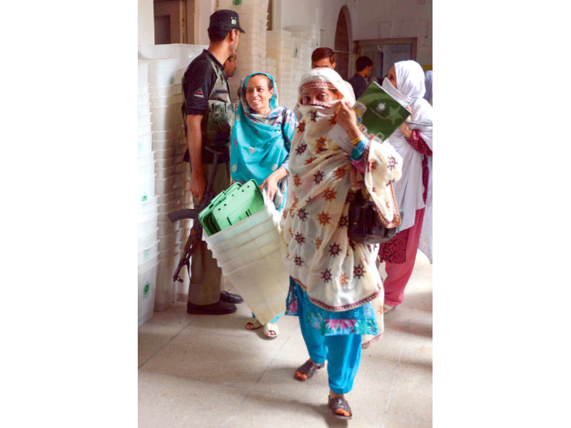 polling officials collect election materials at the city no 1 school for by polls in na 1 photo afp