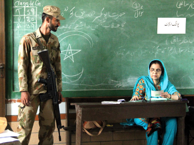 an army soldier stands guard as a presiding officer in na 254 korangi photo ayesha mir express