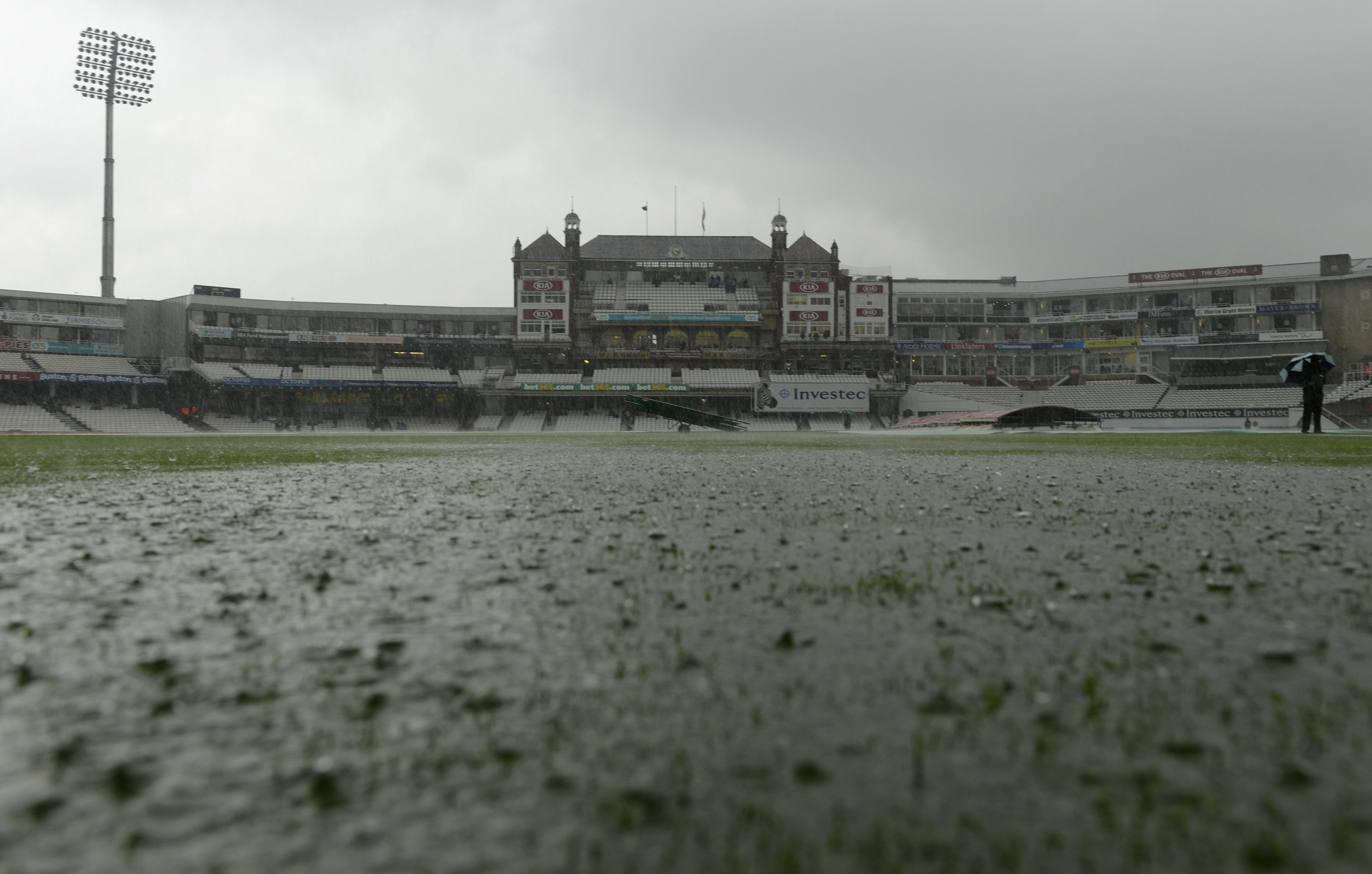 rain falls making a puddle on the ground on the fourth day during the fifth ashes cricket test match between england and australia at the oval cricket ground in london august 24 2013 photo reuters