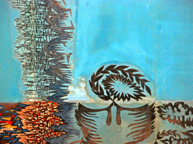 as water seeped through the frere hall roof it discoloured sadequain s mural painted on its ceiling the deceased artist was working on the piece when he died in 1987 photo express