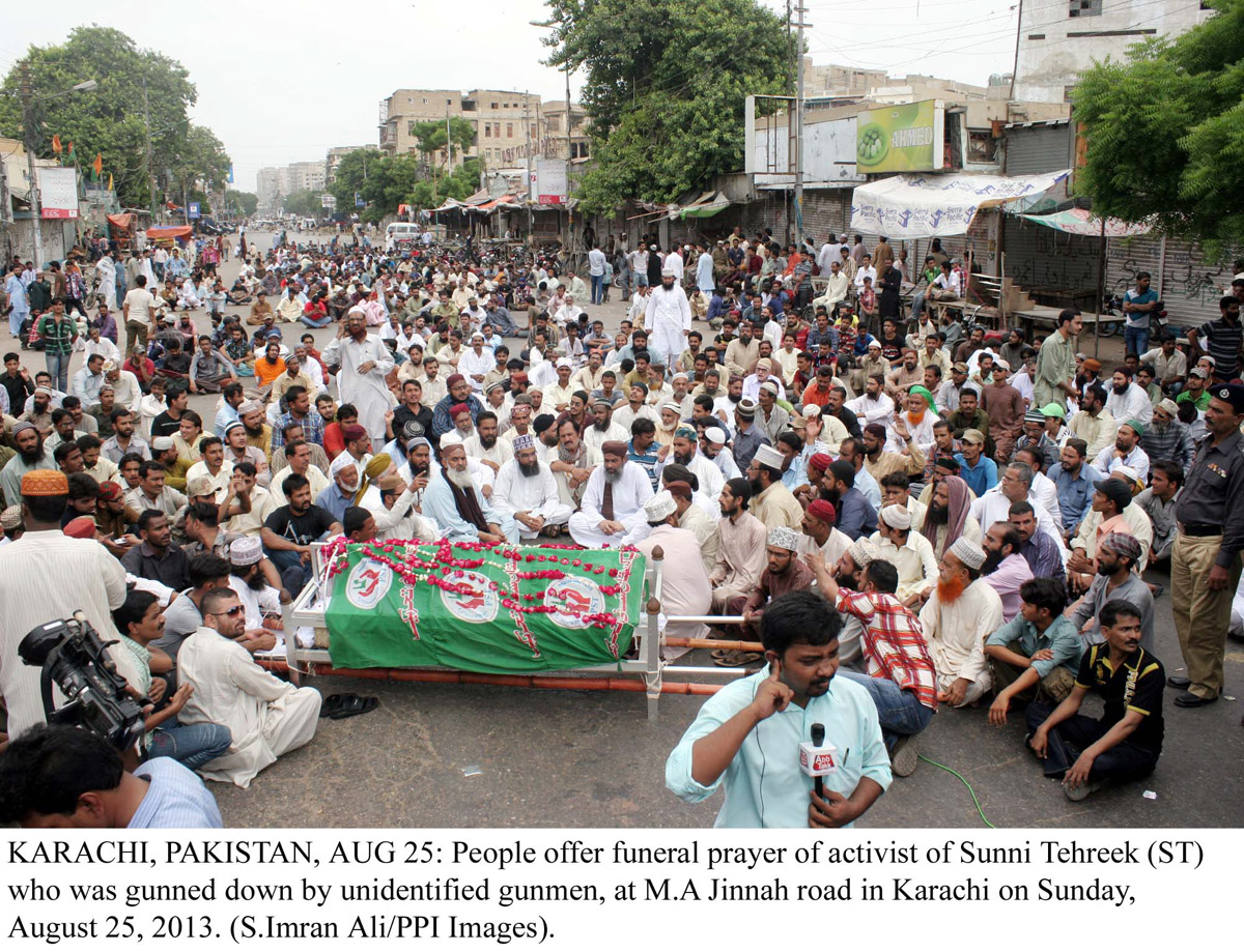 people protesting after the funeral of pakistan sunni tehreek pst sector in charge javed alias kaka who was found dead on saturday photo ppi