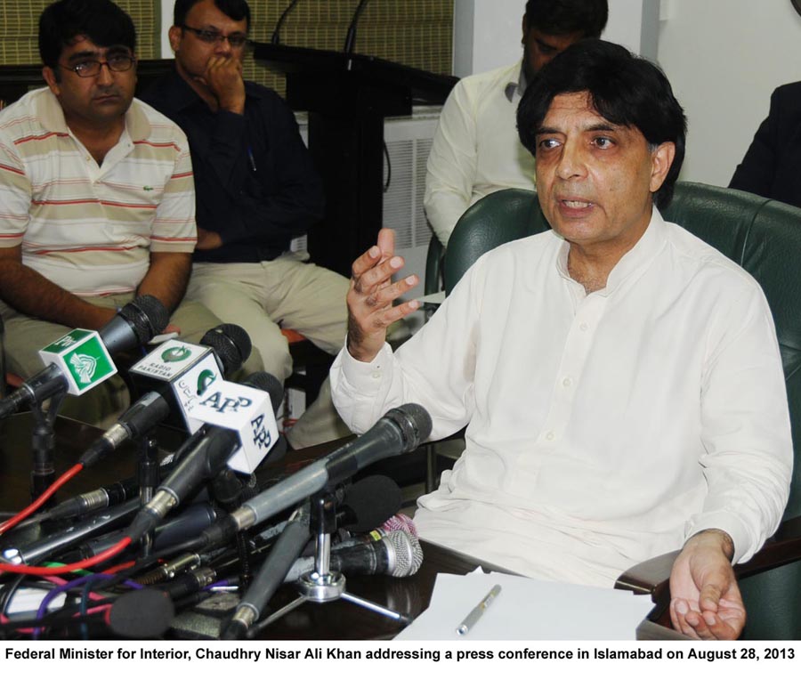 federal minister for interior affairs chaudhry nisar ali khan addressing a press conference in islamabad on aug 28