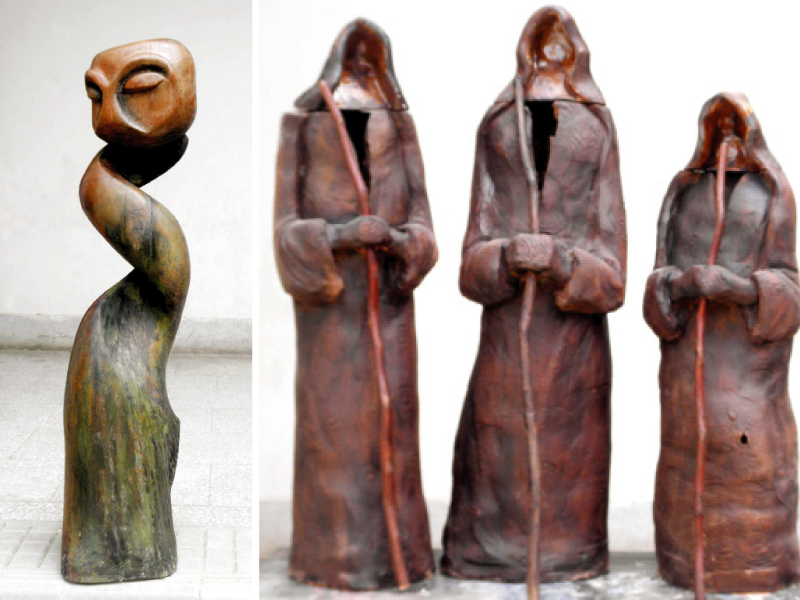 jam depar s sculpture represents the many twists in life nusrat raza mangi depicts three wise women photo courtesy unicorn gallery