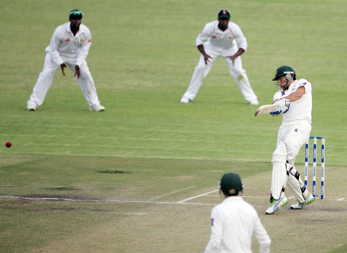 saeed ajmal 49 plays a shot during the opening day of the first test match between pakistan and hosts zimbabwe at the harare sports club on september 3 2013 photo afp