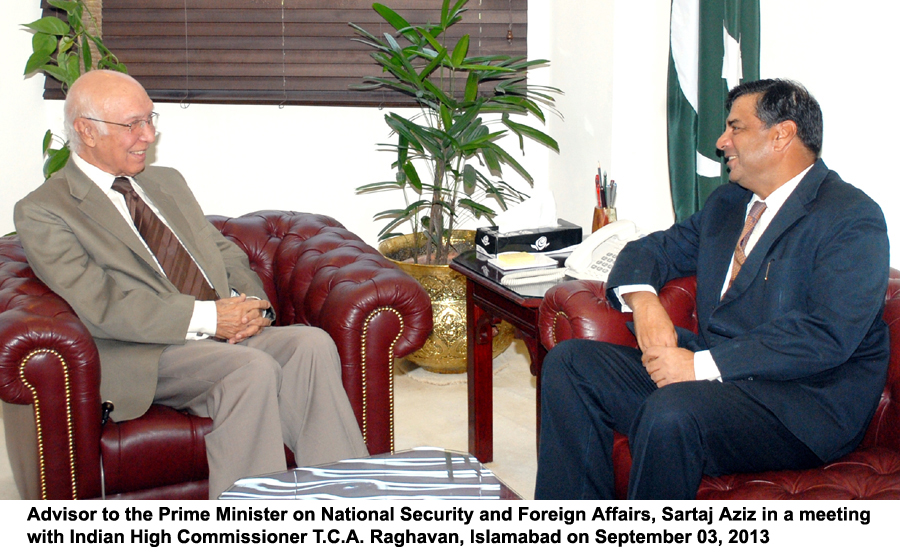 adviser to the prime minister on national security and foreign affairs sartaj aziz l and indian high commissioner tca raghavan r in a meeting on tuesday in islamabad photo pid