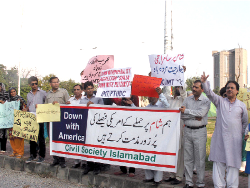 members of civil society protesting against us president s decision to attack syria photo muhammad javaid express