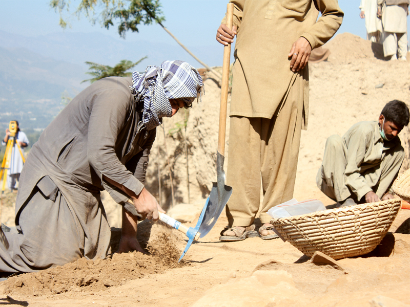 a team of archaeologists from hazara university in mansehra excavating in udegram swat