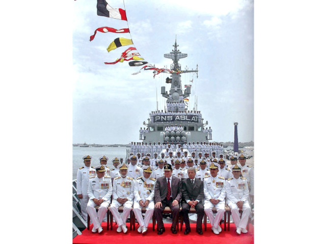 prime minister nawaz sharif chief of naval staff admiral asif sandila pose for a group photo with navy brass and the men and officers of the pns aslat at dockyard on tuesday photo app prime minister nawaz sharif chief of naval staff admiral asif sandila pose for a group photo with navy brass and the men and officers of the pns aslat at dockyard on tuesday photo app