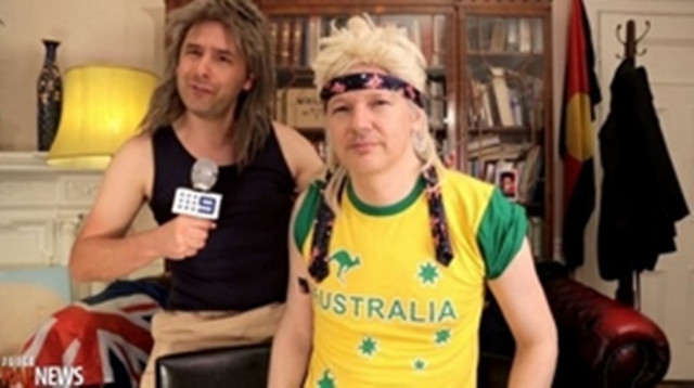 assange who has been living inside the embassy since june 2012 as he fights extradition from britain to sweden has been unable to campaign down under but has got into the spirit with a spoof video sporting a blond mullet wig short on top but long in the back photo afp assange who has been living inside the embassy since june 2012 as he fights extradition from britain to sweden has been unable to campaign down under but has got into the spirit with a spoof video sporting a blond mullet wig short on top but long in the back photo afp