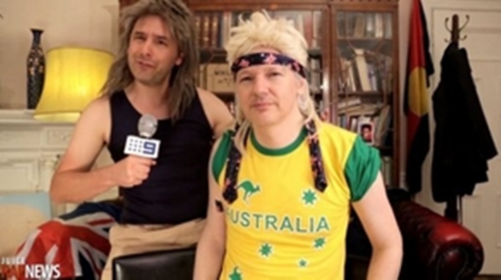 assange who has been living inside the embassy since june 2012 as he fights extradition from britain to sweden has been unable to campaign down under but has got into the spirit with a spoof video sporting a blond mullet wig short on top but long in the back photo afp