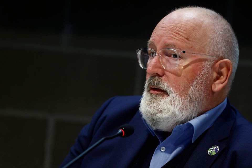 vice president of the european commission frans timmermans speaks during a news conference during the pre cop26 climate meeting in milan italy october 2 2021 photo reuters