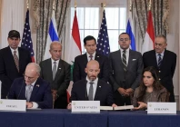 us secretary of state marco rubio looks on as state department counsellor daniel holler israel s ambassador to the us yechiel leiter and lebanon s ambassador to the us nada hamadeh sign a framework agreement between israel and lebanon at the state department in washington dc us june 26 reuters