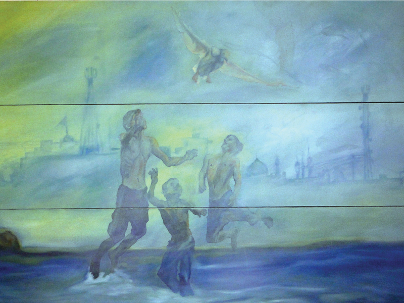 bathing 1 by muneeb khanzada for rs30 000 centre untitled painting by rabia rabail for rs30 000 right and untitled painting by saeed lakho for rs20 000 left are among the paintings being displayed at the full circle gallery till september 26 photo courtesy full circle gallery