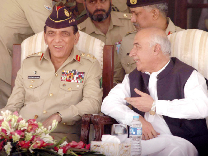 army chief general kayani speaks to balochistan cm dr abdul malik before his address at the sui military college photo naseem james express