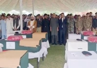 interior minister mohsin naqvi state minister for interior tala chaudhry and other officials offer funeral prayers at the fc headquarters in peshawar for the fc personnel martyred while confronting terrorists on the city s outskirts photo express