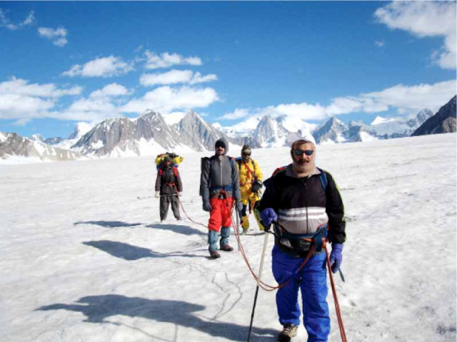 team leader qazi iqbal ahmed and members khawar hussain and kamal mazhar khan completed the grade e trek in eight days with the help of just two porters photo express
