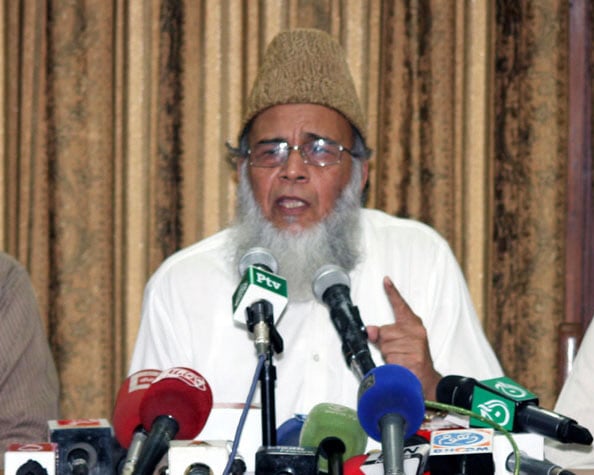 syed munawwar hasan was addressing a press conference at idara noor e haq on tuesday photo nni