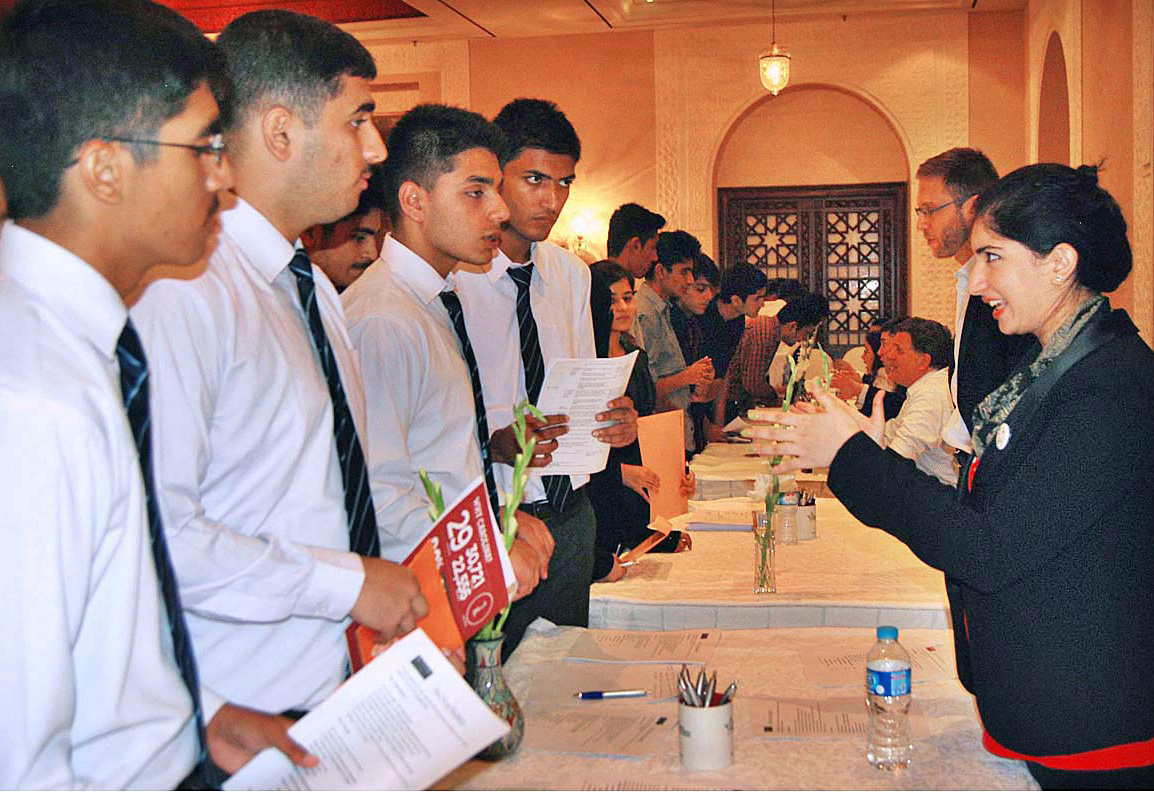 students are being briefed at different stalls during the 039 back to school 039 fair organised by united states education foundation in pakistan usefp photo app