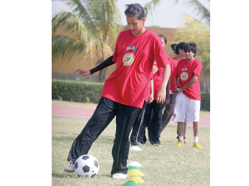 women s national football team captain hajra khan was impressed with the talent on show at the football clinic for girls yesterday photo express athar khan