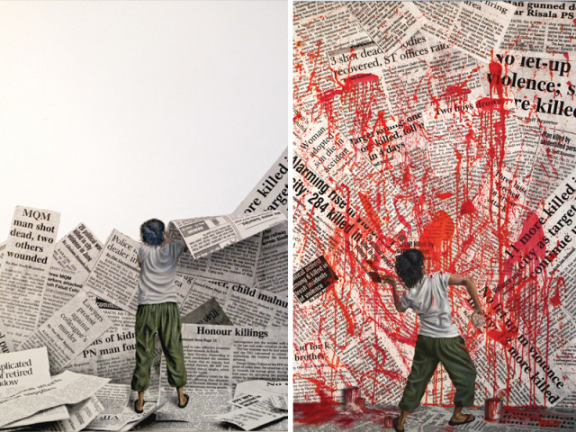 fine art teacher madiha hyder paints the colour red on digital print of various newspapers pieces cluttered together depicting karachi the violence ridden city photos courtesy ivs gallery fine art teacher madiha hyder paints the colour red on digital print of various newspapers pieces cluttered together depicting karachi the violence ridden city photos courtesy ivs gallery