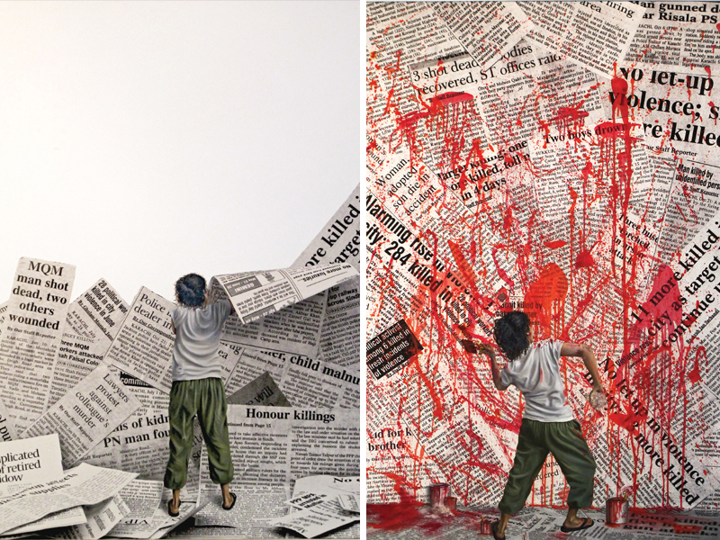 fine art teacher madiha hyder paints the colour red on digital print of various newspapers pieces cluttered together depicting karachi the violence ridden city photos courtesy ivs gallery