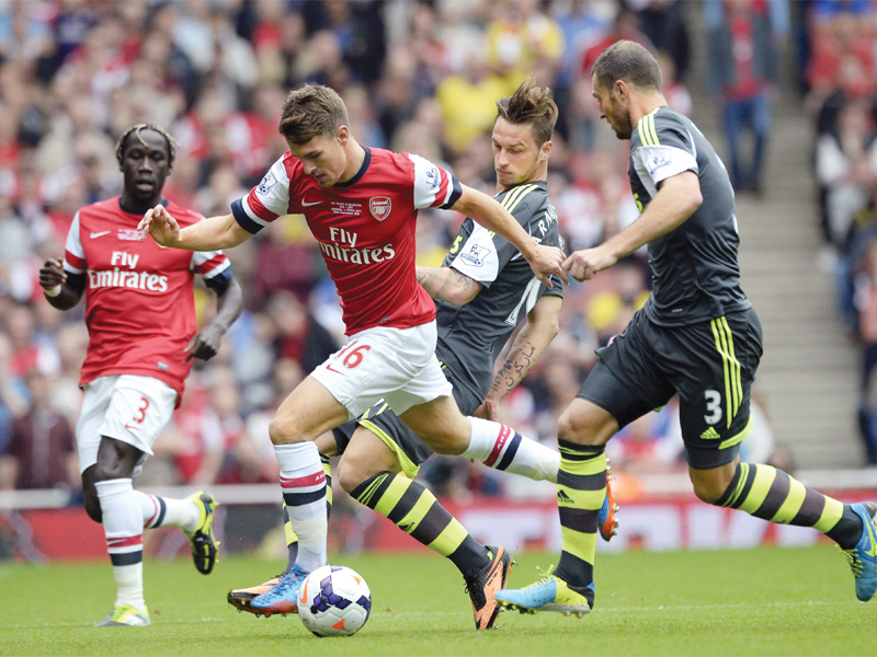 aaron ramsey scored his seventh goal in eight matches to hand arsenal a comfortable 3 1 win over stoke yesterday photo afp