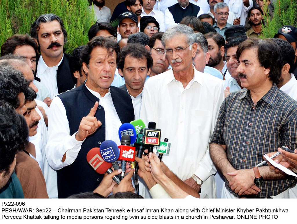 chairman pti imran khan along with chief minister k p pervez khattak talking to media photo online