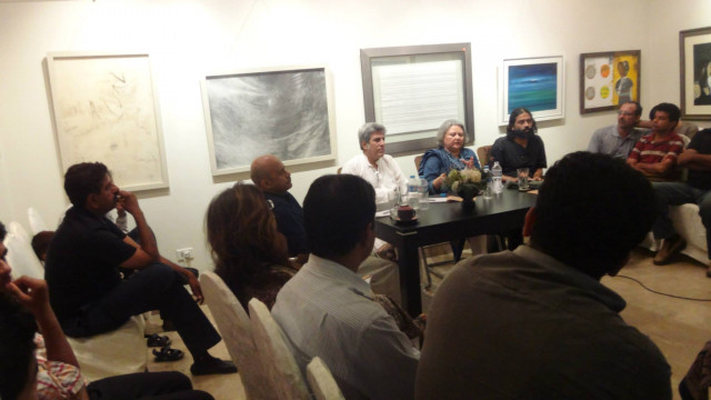 nukta editor nilofer farrukh c with panelists taimur suri rizwanullah khan and quddus mirza at the unicorn art gallery on saturday photo courtesy unicorn gallery facebook page nukta editor nilofer farrukh c with panelists taimur suri rizwanullah khan and quddus mirza at the unicorn art gallery on saturday photo courtesy unicorn gallery facebook page