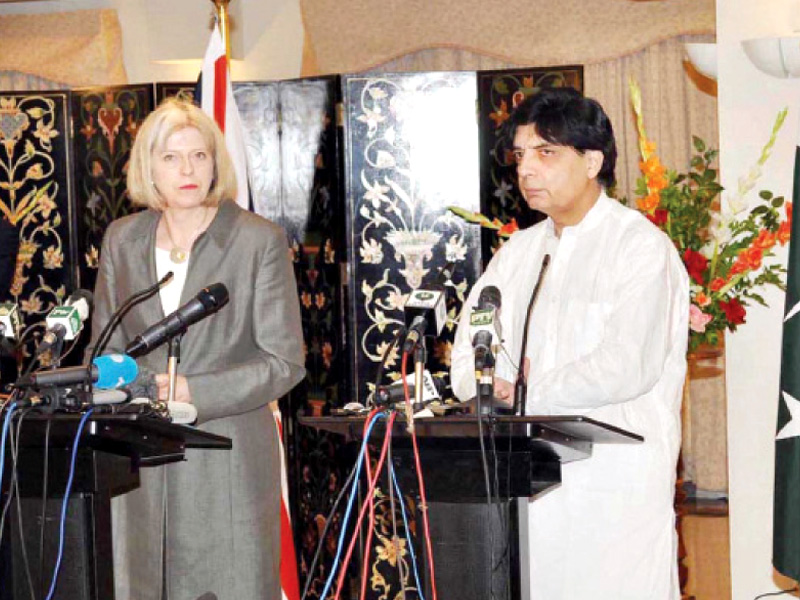 minister for interior and narcotics chaudhry nisar and british home secretary theresa may addressing the media photo nni
