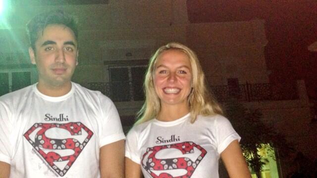 bilawal bhutto sports t shirts with a picture of an ajrak design superman logo with a friend photo twitter
