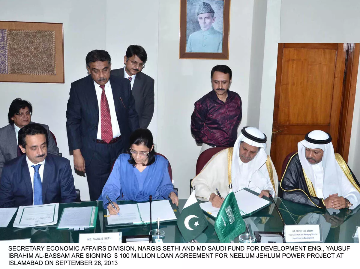 secretary economic affairs division nergis sethi l and saudi fund vice chairman r eng yausuf ibrahim al bassam sign the 100 million loan agreement for njhp photo pid secretary economic affairs division nergis sethi l and saudi fund vice chairman r eng yausuf ibrahim al bassam sign the 100 million loan agreement for njhp photo pid