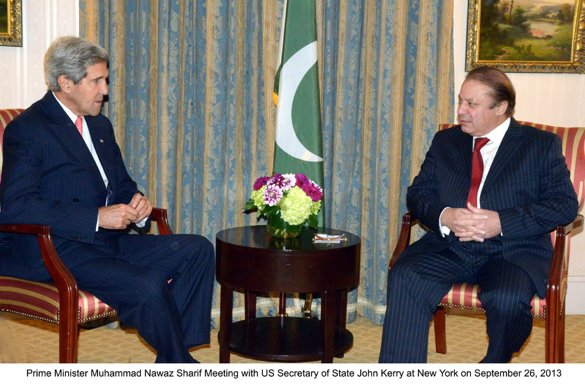 prime minister nawaz sharif r in a meeting with us secretary of state john kerry l in new york on thursday photo pid