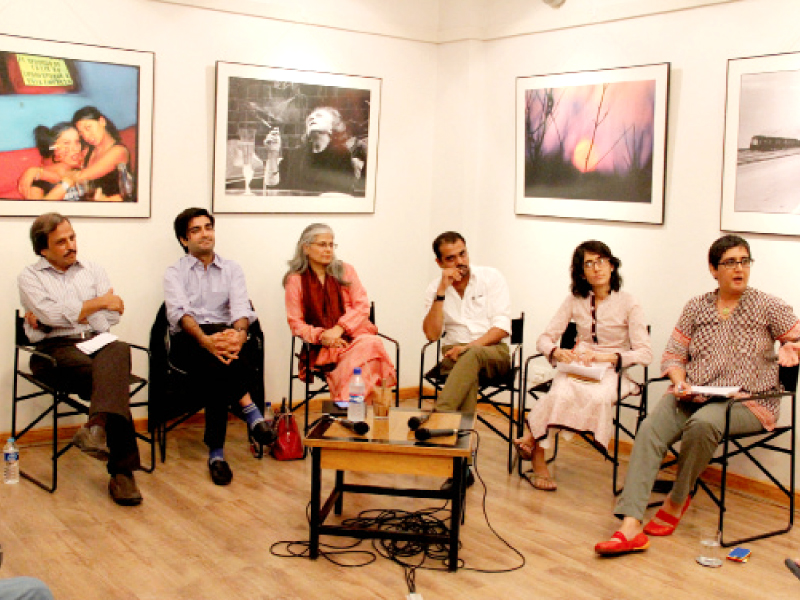 from left to right journalist mazhar abbas et publisher bilal lakhani journalist afia salam starcom ceo farhan qureshi moderator rahma miah and t2f owner sabeen mehmood at the t2f caf on friday photo ayesha mir express