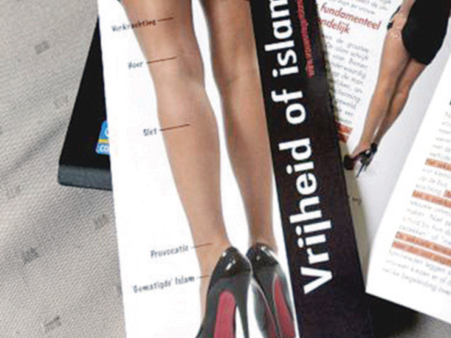 the poster titled women against islamisation shows the bare legs of dermeersch who is wearing a pair of red soled louboutins while lifting up a black dress photo file the poster titled women against islamisation shows the bare legs of dermeersch who is wearing a pair of red soled louboutins while lifting up a black dress photo file