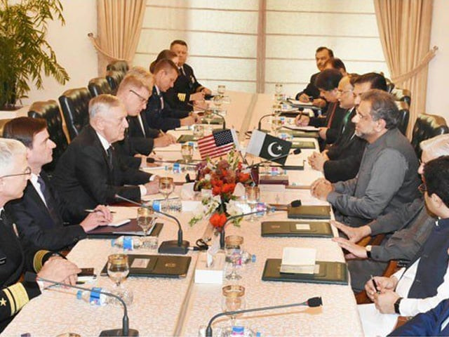us delegation led us defence secretary james mattis calls on pm shahid khaqan abbasi among other high level officials in islamabad on monday photo pid us delegation led us defence secretary james mattis calls on pm shahid khaqan abbasi among other high level officials in islamabad on monday photo pid