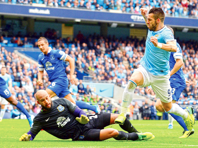manchester city s alvaro negredo made a fine run into the box to slot home yaya toure s reverse pass photo afp
