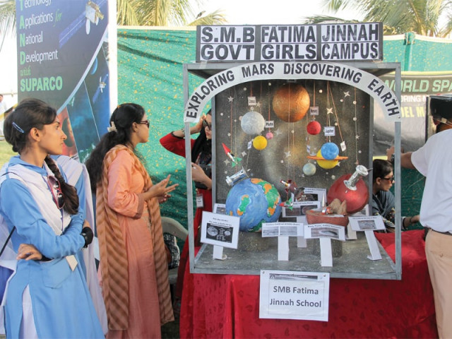 students from s m b fatima jinnah govt girls campus capture the cosmological life in a model on the theme of world space week exploring mars discovering earth at the space fair left a student models with a water rocket invented at the fair right photo ayesha mir express students from s m b fatima jinnah govt girls campus capture the cosmological life in a model on the theme of world space week exploring mars discovering earth at the space fair left a student models with a water rocket invented at the fair right photo ayesha mir express