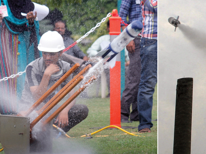 at suparco 039 s water rocket competition on wednesday students were supposed to make rockets propelled by water out of two litre soda bottles photo athar khan express
