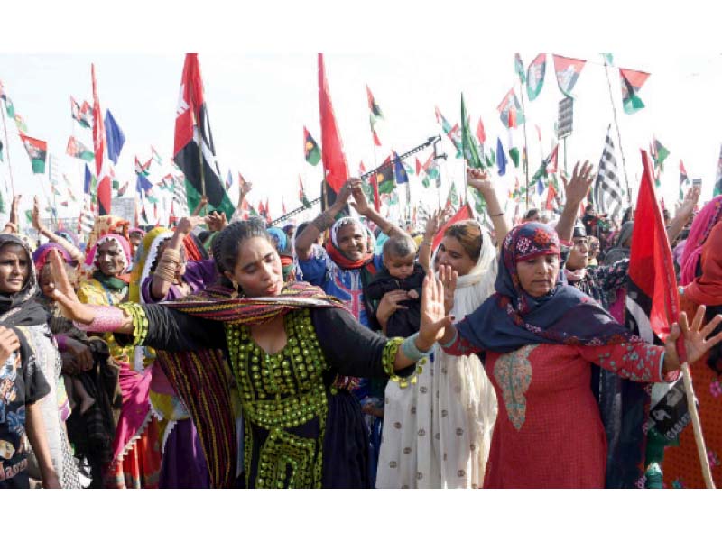 women dance at the pakistan democratic movement s rally in hyderabad people from across sindh gathered in the city on tuesday when it hosted a public meeting of the 11 party opposition alliance photo inp