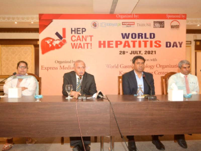 dr shahid ahmed dr sajjad jamil prof waseem jafree dr jasuta kumari and hilton pharma coo dr ahsan qawi siddiqui express their views at a seminar on world hepatitis day organised by the express media group in collaboration with the world gastroenterology organisation karachi training center and hilton pharma photo express