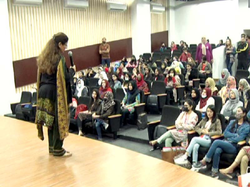 a health expert addresses during the awareness session on women hygiene organised by m tier group and express media group at iqra university photo express