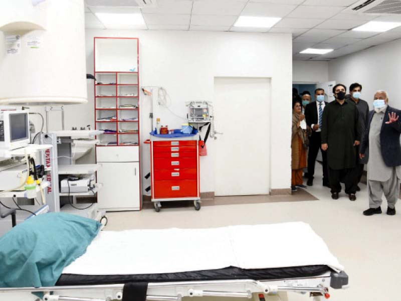 officials show ppp chairman bilawal bhutto zardari the facilities available at the bone marrow transplant centre at gims photo express