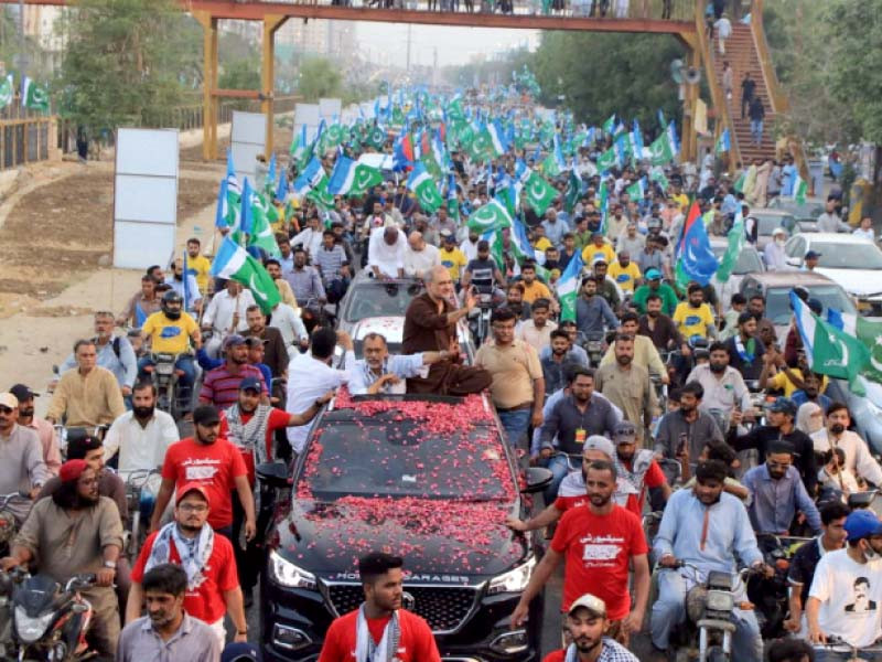 the jamaat e islami karachi rights caravan rally passes through a road in karachi on sunday photo express