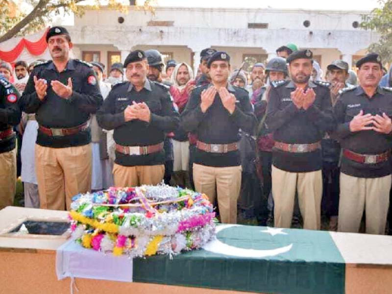 the last rites for the slain policeman were offered at the bannu police lines photo express